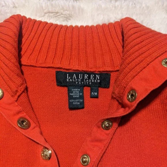 Lauren by Ralph Lauren Vintage Petite Orange Knit Snap Neck Sweater - Picture 2 of 7